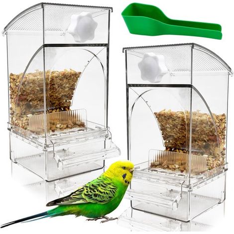 Comedero automático para pájaros (paquete de 2) de acrílico transparente con percha, ideal para jaulas de loros (1/5)