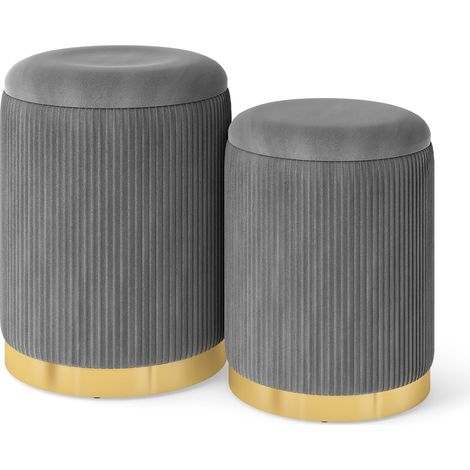 COSTWAY 2 Pcs Velvet Round Footstools Nesting Storage Ottoman-Grey (1/5)