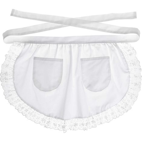 Tablier court en coton avec ceinture et dentelle, doté de poches, pour femme de chambre, serveuse ou domestique (blanc)-White