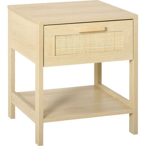 HOMCOM Nachttisch mit Schublade und Ablage, Rattan-Geflecht, 40 x 40 x 48 cm, helle Holzoptik