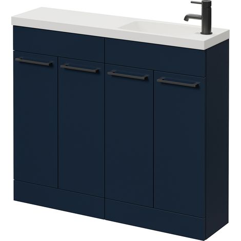 Napoli 250 Deep Blue 1000mm 4 Door Vanity Unit with Round Silvo Basin - 1000mm - Matt Black 160mm Handle