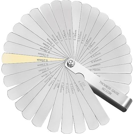 Thickness gauge, thickness shim set, 32 blades in metric/imperial marking, for measuring free space width/thickness sizes (1/5)