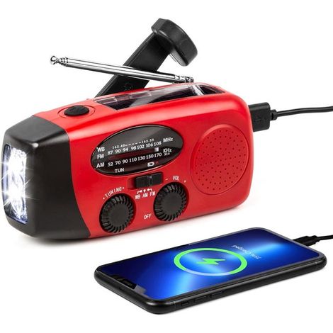 Red emergency solar radio – integrated LED flashlight – rechargeable via USB, solar power and hand crank. (1/5)