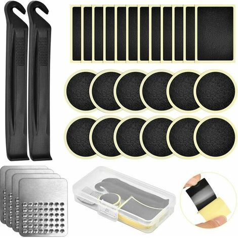 30 Pièces Kit de Réparation Crevaison Vélo, Kit de Reparation Chambre a Air avec Patch Reparation Pneu Velo sans Colle, Leviers de Pneu et Lime Métallique, Idéal pour Vélo, VTT (1/5)