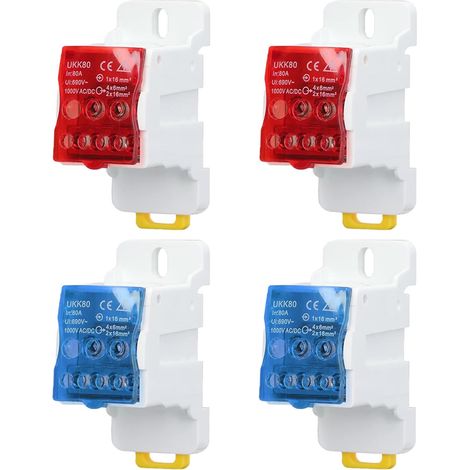 4 Pièces Bornier Electrique, UKK 80A Bleu+Rouge, Boîte de Distribution Electrique Bornier Connecteur de Fil Electrique Boîte de Distribution de Bornier de Rail DIN de 35mm (1/5)
