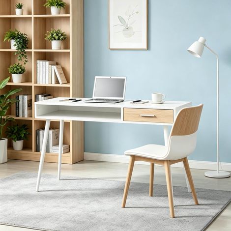 MEUBLIV Bureau 110x50x75 cm blanc – avec tiroir, montage requis (1/5)