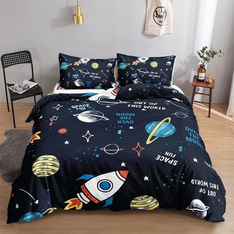 Bettwäsche 200x200cm Weltraum Raketen Planeten für Kinder Jungen mit Reißverschluss