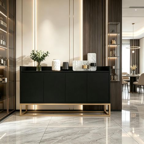 FOERPL-Sideboard Küchenbuffet Buffet mit 4 Türen, Küchenschrank mit goldenen Metallbeinen und Fach, Esszimmerbuffet mit Stauschrank Aufbewahrungseinheit mit Arbeitsplatte