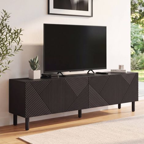 Mueble TV HIMARA 180 cm, 2 puertas, listones geométricos de madera negra (1/5)