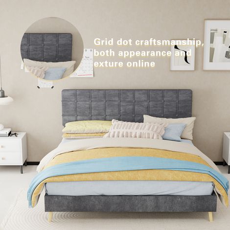 Lit contemporain gris anthracite en textile, sommier tapissé à motif quadrillé, parfait pour chambre adulte ou guest room, matelas 160x200 cm, gris. (1/5)