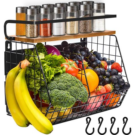 Panier à fruits magnétique suspendu et étagère à épices 2 en 1, organiseur de cuisine sans perçage, ensemble de rangement pour fruits et légumes, étagère suspendue avec étagère (1/5)
