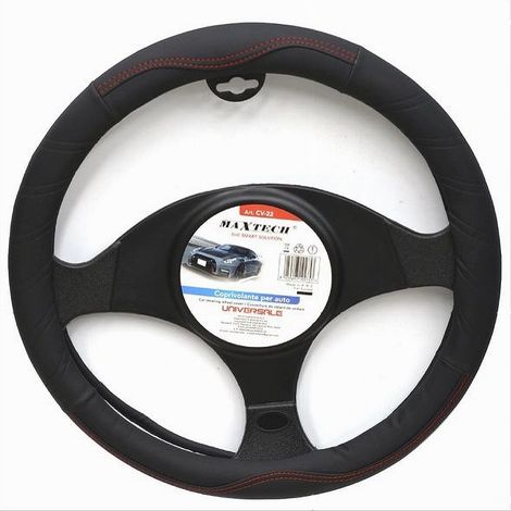 TRADE SHOP - Coprivolante Per Auto Universale Fodera Sterzo 38 Cm Nero Cuciture Rosse Cv-22 - (1/2)