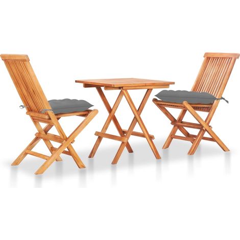 3-tlg. Bistro-Set mit Grauen Kissen Massivholz Teak