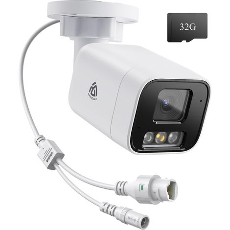 Caméra Surveillance IP PoE Extérieure avec Carte Mémoire 32 Go, Vision Nocturne Couleur, Détection Personne/Véhicule, Alarme Sonore et Lumineuse, Audio Bidirectionnel, Étanche IP66 (1/5)