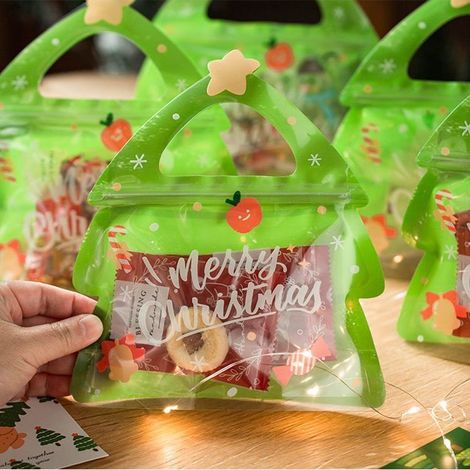 Sachet Cadeau de Noël en Forme de Sapin, Sachet Autocollant pour Bonbons et Biscuits, Emballage Festif 18,5×6,9×21cm avec Poignée (1/3)