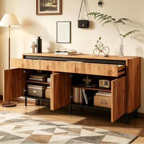 Credenza contenitore per soggiorno o camera da letto, 160x40x73 cm, realizzata in MDF, gambe in metallo, colore naturale (1/5)