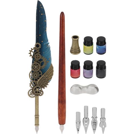 Quill Pen Set Retro Elegant Vintage Style Stainless Steel Nib Wear Resistant Caligraphy Pen KitDark Blue Quill (1/5)