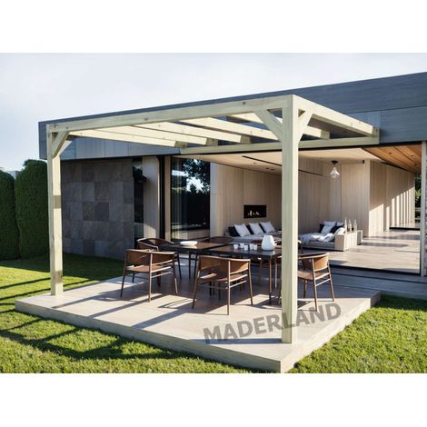 Pergola adossée en bois lamellé-collé 400 x 300 cm – Structure résistante aux intempéries – Surface de 12 m² pour espaces extérieurs – Maderland (1/3)