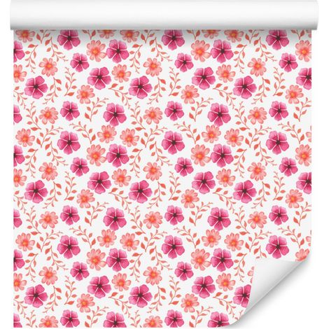 Papier peint fleuri corail et rose poudré pour salon et chambre 50x1000 cm (1/5)