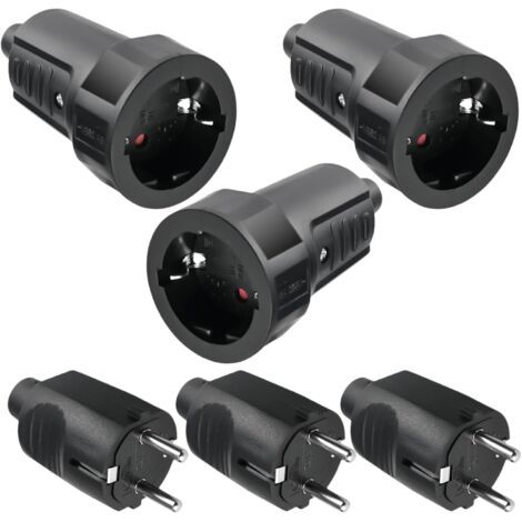 Lot de 3 paires de fiches Schuko - 250 V - 16 A - IP44 - En caoutchouc - Avec protection anti-torsion - 2 pôles - Extérieur étanche - Noir - Fiche Schuko et raccord en caoutchouc - Sans câbles (1/5)