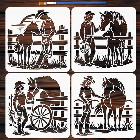 4PCS Pochoirs Cowboys Western avec 1Pc Pinceau 30x30cm Pochoirs de Scène de Cowboy Pochoir de Peinture Cowboys Western à Cheval pour Peinture sur Bois Mur Meuble DIY Décoration Maison (1/5)