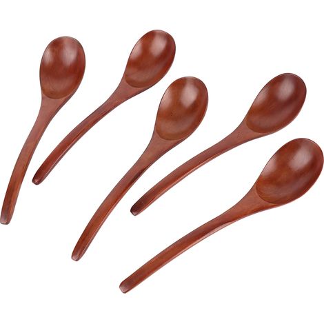 Ensemble de 5 cuillères à soupe en bois à manches incurvés, cuillères à riz polyvalentes pour la cuisine maison (couleur : vernis) (1/5)