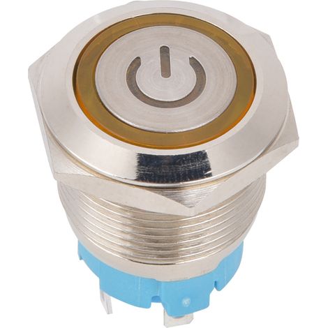 2 Interrupteurs à bouton-poussoir 19mm 4 broches, boîtier inoxydable tête plate étanche IP65, voyant jaune 12-24VDC (1/5)