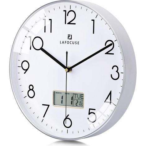 30 cm LCD Wall Clock Calendar with Date Thermometer, Modern Silent Wall Clock, Silver, No Ticking Decorative for Living Room, Bedroom, Office, Kitchen (1/5)