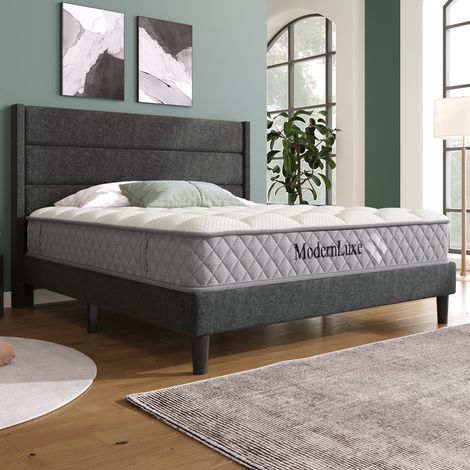 Cama tapizada de 140 x 200 cm, estructura con somier de láminas y cabecero, cama doble tapizada, funda de tela de lino en gris oscuro, diseño moderno atemporal, cama juvenil (con colchón). (1/5)