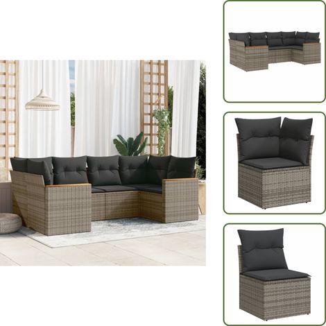 The Living Store Salon de jardin 6 pcs avec coussins gris résine tressée - Ensemble Salon De Jardin - Mobilier De Jardin - Salon Extérieur - Résine Tressée - Fauteuil De Jardin (1/5)