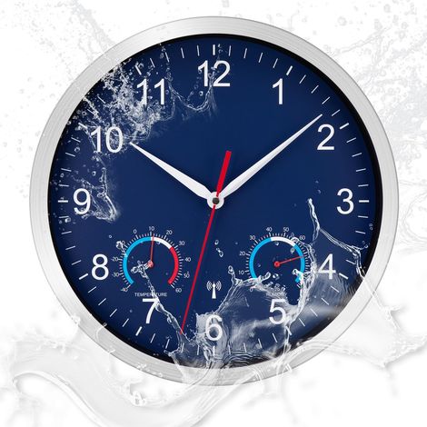 Horloge murale d'extérieur étanche avec affichage de la température et hygromètre - Horloge murale radio-pilotée - Grande horloge murale moderne - Bleu foncé - Pour salon, cuisine, salle de (1/5)