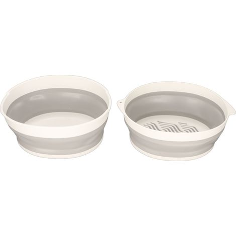 Panier de rangement pliable double couche pour fruits et légumes, design séparable, idéal pour cuisine, voyage et extérieur, couleur gris blanc, format compact.