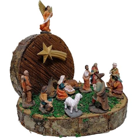 Capanna in legno grotta per decorazioni di natale natività pastori presepe con luci sacra famiglia su tronco addobbi albero casa - decoro: Capanna con luci stella e natività (1/5)