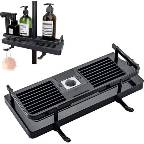 No Drill Shower Shelf, Shower Caddy on Rail with Shower Head Holder, Bathroom Shelf for Shampoo, Soap and 2 Hooks for 21mm-25mm Shower Rod