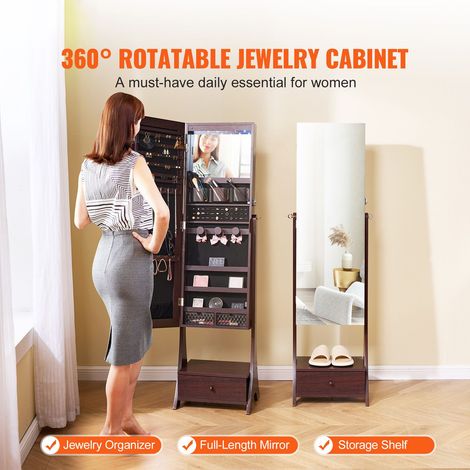 Armoire à bijoux miroir sur pied avec rangement, miroir plein corps fermable, revêtement velours, LED intégrée, tiroir, meuble bijouterie debout marron (1/5)