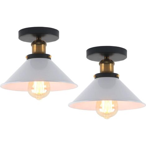 Lot de 2 Plafonniers Industriels - 2 Pièces - Métal Noir ou Blanc - Design Vintage E27 - Salon Cuisine Couloir - Diamètre 22cm (1/5)