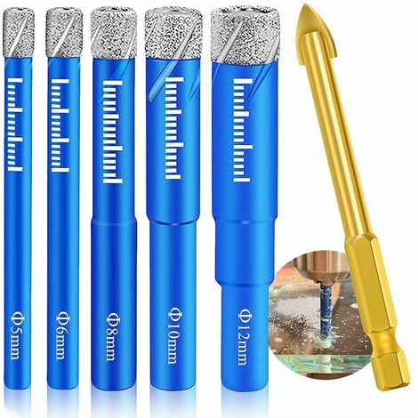 Kit de forets pour carrelage, foret à métaux, foret diamanté, foret à verre, foret en carbure de 5 mm, 6 mm, 8 mm, 10 mm, 12 mm et 6 mm, foret à métaux pour porcelaine, grès cérame, verre, porcelaine, (1/5)