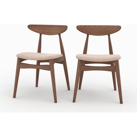 Lot de 2 chaises en tissu beige et bois foncé d'hévéa - JOSETTE