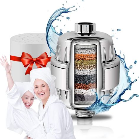 ZOLGINAH Filtre douche anti calcaire Bonde baignoire Filtre eau 15 étapes de filtration Elimine les impuretés,les odeurs et les métaux lourds pour protéger votre corps Avec une cartouche recharge (1/5)