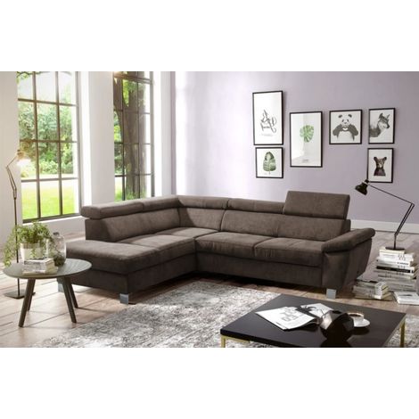 - Canapé d'angle en tissu luxe 5 places LUGO chocolat, angle gauche (1/5)