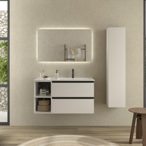 Meuble de salle de bain BEQUIA PLUS METAL 90cm Blanc mat Vasque Porcelaine Robinet à droite 2H (1/5)
