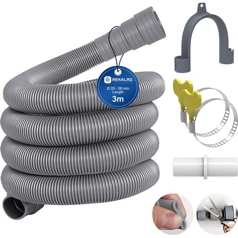 Tuyau lave-linge 3m, tuyau d'évacuation des eaux usées avec raccord de tuyau de vidange et 2 colliers de serrage, rallonge de tuyau de vidange Ø 20mm pour lave-linge lave-vaisselle (1/5)