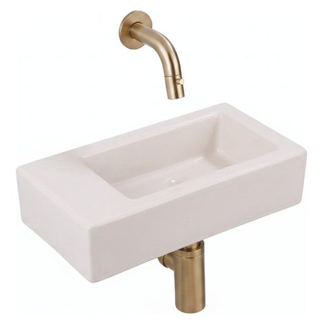 QeramiQ Fuente Lavabo pour WC - 38x18.5x9 cm - ceramique - sans trou de robinet de Lavabo pour WC - robinet de Lavabo pour WC laiton brosse - siphon (1/5)