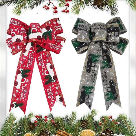 Nœuds de Noël rouges pour couronnes, nœuds de Noël moyens pour sapin, 2 nœuds de Noël extérieurs pour décoration de Noël, nœuds rouges et gris à paillettes pour porte et cheminée. (1/5)