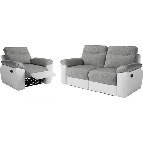 PACK - Canapé de relaxation ROSS manuel 3 places et fauteuil en tissu et simili - Blanc/Gris