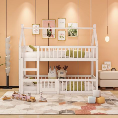 Lit Superposé 90x200cm - En Bois avec Barrière Haute & Petite Porte - Pour Enfant, Chambre, Jeu - Blanc (1/4)