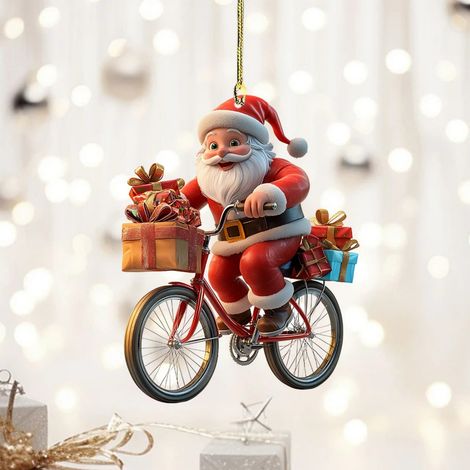 Pendentif Arbre De Noël - Acrylique 2D - Motif Père Noël À Vélo - Décoration Intérieure Et Porte-Clés - 8 cm - Lot De 1 (1/5)