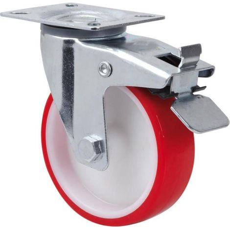 rueda giratora placa freno 140.1-160-3 nylon blanco-poliur.rojo eje liso