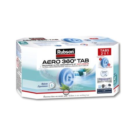 Rubson AERO 360°, 4 Recharges de 450 g en tabs parfum source de fraîcheur, recharges pour absorbeur d'humidité, ultra absorbantes et anti odeurs, recharge pour déshumidificateur