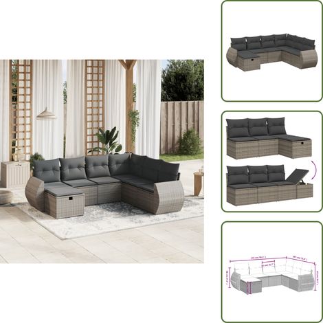 The Living Store 7-tlg. Garten-Sofagarnitur mit Kissen Grau Poly Rattan - Gartensessel